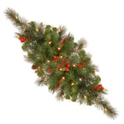 30" Green Spruce Centerpiece With Silver Bristle - Warm White LED Lights Battery Operated