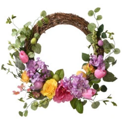Green And Purple Floral Artificial Easter Wreath - 22-Inch, Unlit